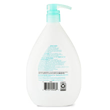 Sensitive skin body wash bottle, back label view, teal pump, 34 fl oz (1L)