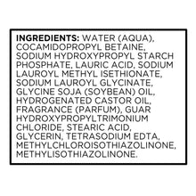 Body wash ingredients panel in black text on white box