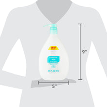 Body wash bottle size graphic with teal pump, 5 in wide and 9 in tall