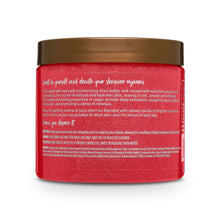 Cherry Vanilla shea sugar scrub jar back view, red label on gold-capped tub