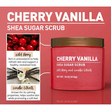 Cherry Vanilla shea sugar scrub jar, red tub with gold lid on front label