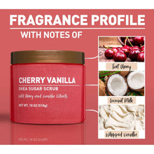 Cherry Vanilla shea sugar scrub jar with fragrance profile label