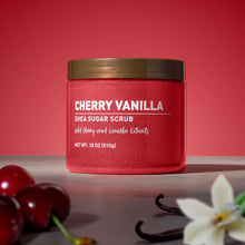 Cherry Vanilla shea sugar scrub jar with gold cap, red textured product
