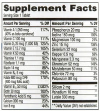 Supplement Facts label for multivitamin tablets, serving size 1 tablet