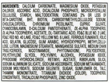 Multivitamin supplement ingredients list on bottle label