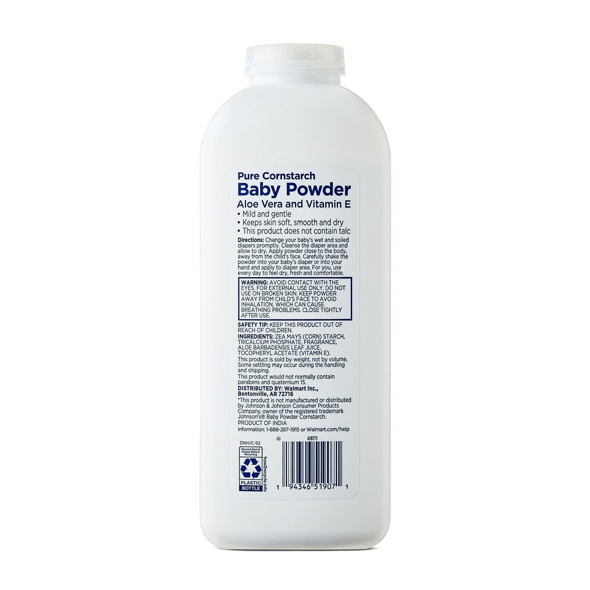 Equate Cornstarch Baby Powder with Aloe and Vitamin E, 22 oz