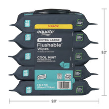 Extra-large flushable wipes pack with 9.0 in wide and 9.2 in high shown