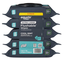 Extra-large flushable wipes pack, cool mint, 5 pack, front view
