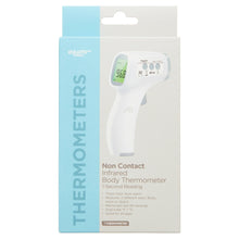 Non-contact infrared body thermometer with white device and green LCD display on box