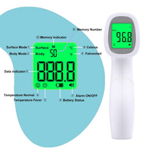 Non-contact infrared thermometer showing green Celsius indicators on LCD