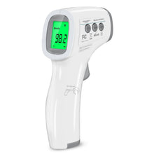 Close-up non-contact infrared thermometer with white housing and green LCD body reading