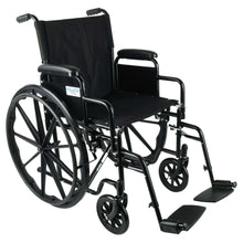 Black lightweight folding wheelchair with swing-away footrests and padded seat