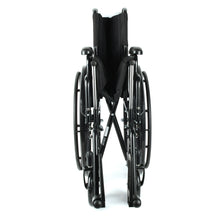 Black folded wheelchair with rear wheel frame and upright seat back