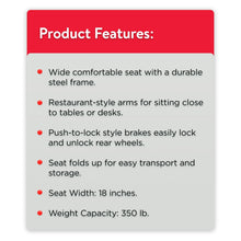 Wheelchair product features card with wide seat, brakes, and folding design details