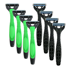 Set of 3-blade disposable razors with green handles and black heads