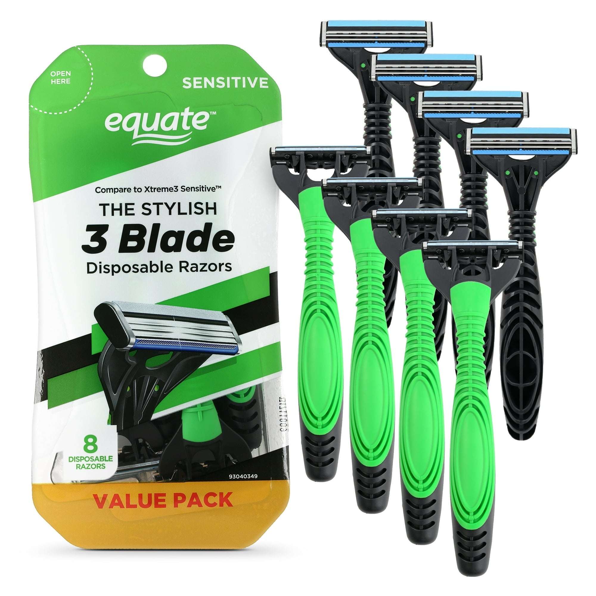 Equate Men's 3-Blade Sensitive Disposable Razors, Green and Black, 8 Count