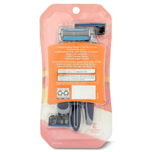 Men's 5-blade disposable razor pack back with razor shown in pink blister