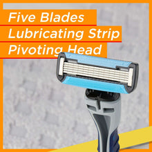 Men's disposable razor head with five blades and blue lubricating strip
