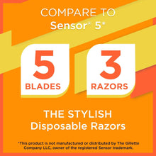 Men's 5-blade disposable razors label: 5 blades, 3 razors