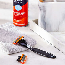 5-blade razor and trimmer with orange cartridges, black handle