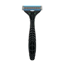3-blade disposable razor with black handle and blue cartridge top