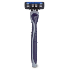Men's disposable razor with blue-and-navy handle and five blades, front view