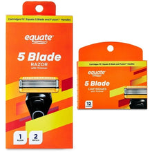 Orange 5-blade razor cartridge pack with trimmer, handle and 2 refills