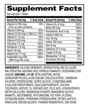 Supplement Facts panel with vitamin and mineral amounts for one daily tablet