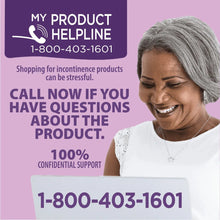 Incontinence pads product help card with phone number and smiling woman