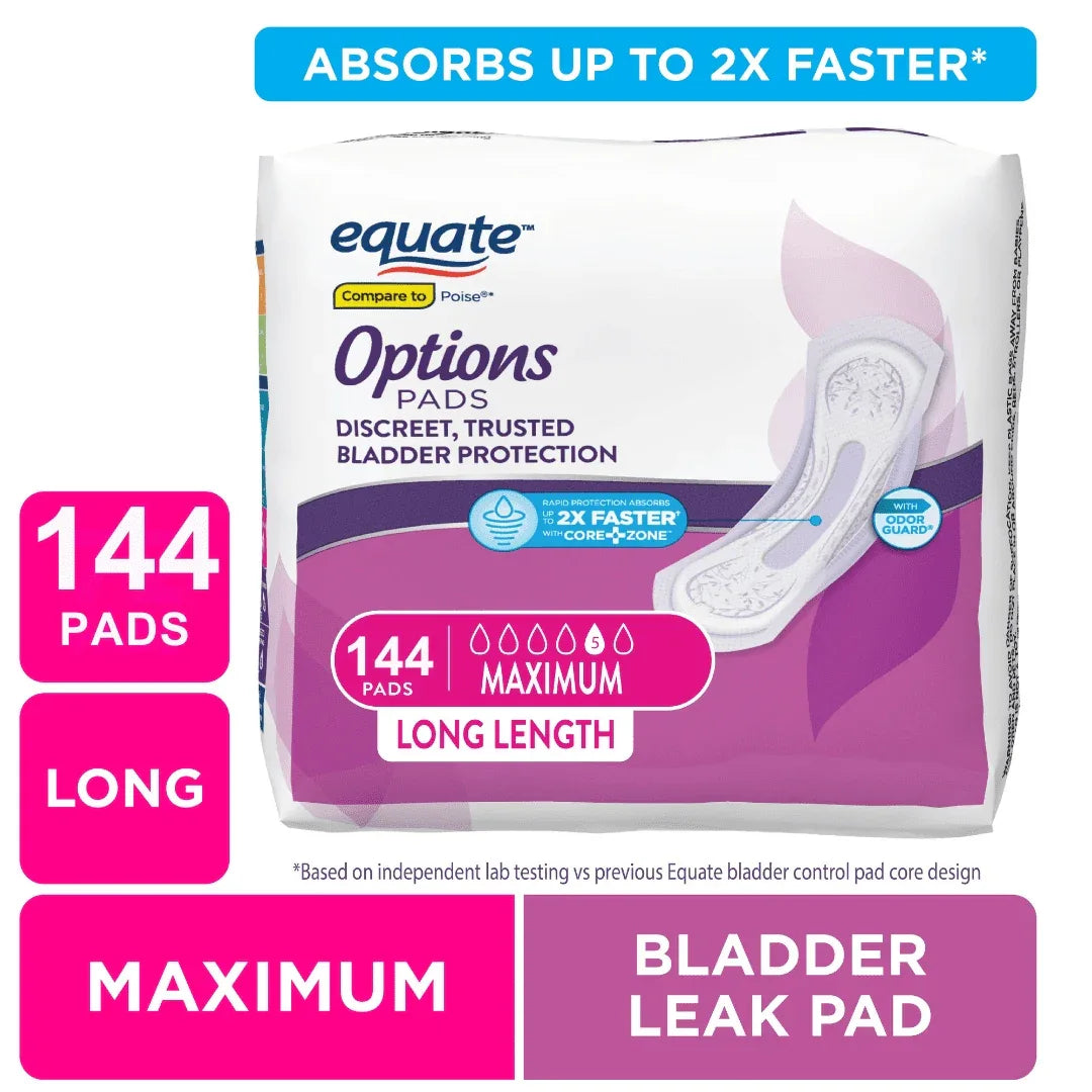 Equate Options Women's Incontinence Pads, Maximum Absorbency, Long Length, Size 5, 72 Count
