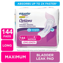 Incontinence pads box front showing long length, maximum absorbency, 144 pads