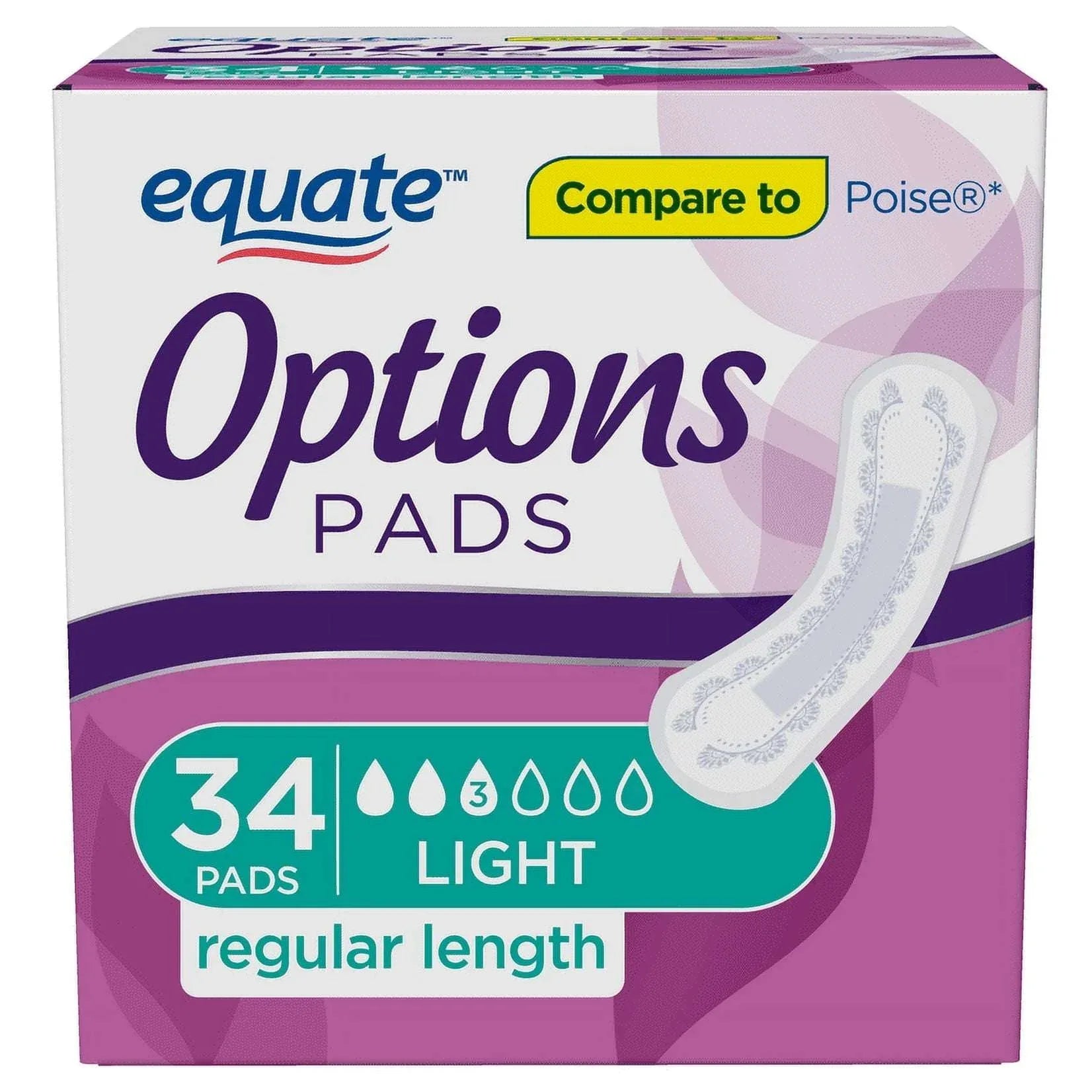 Equate Options Women's Incontinence Pads, Light Absorbency, Regular Length (34 Count), Compare to Poise