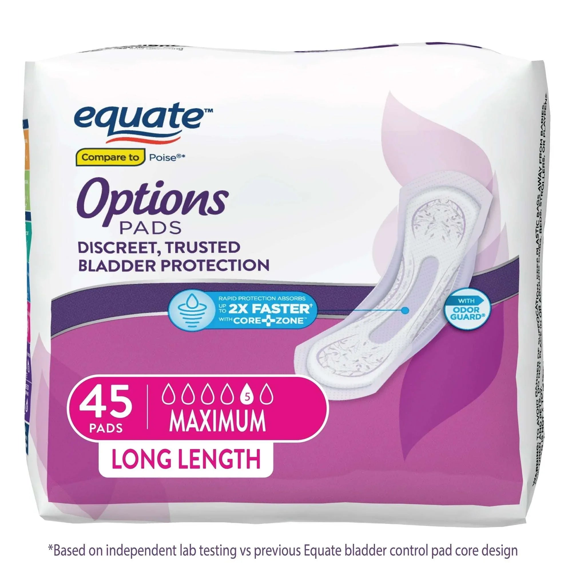 Equate Options Women's Incontinence Pads, Maximum Absorbency, Long Length (45 Count), Compare to Poise