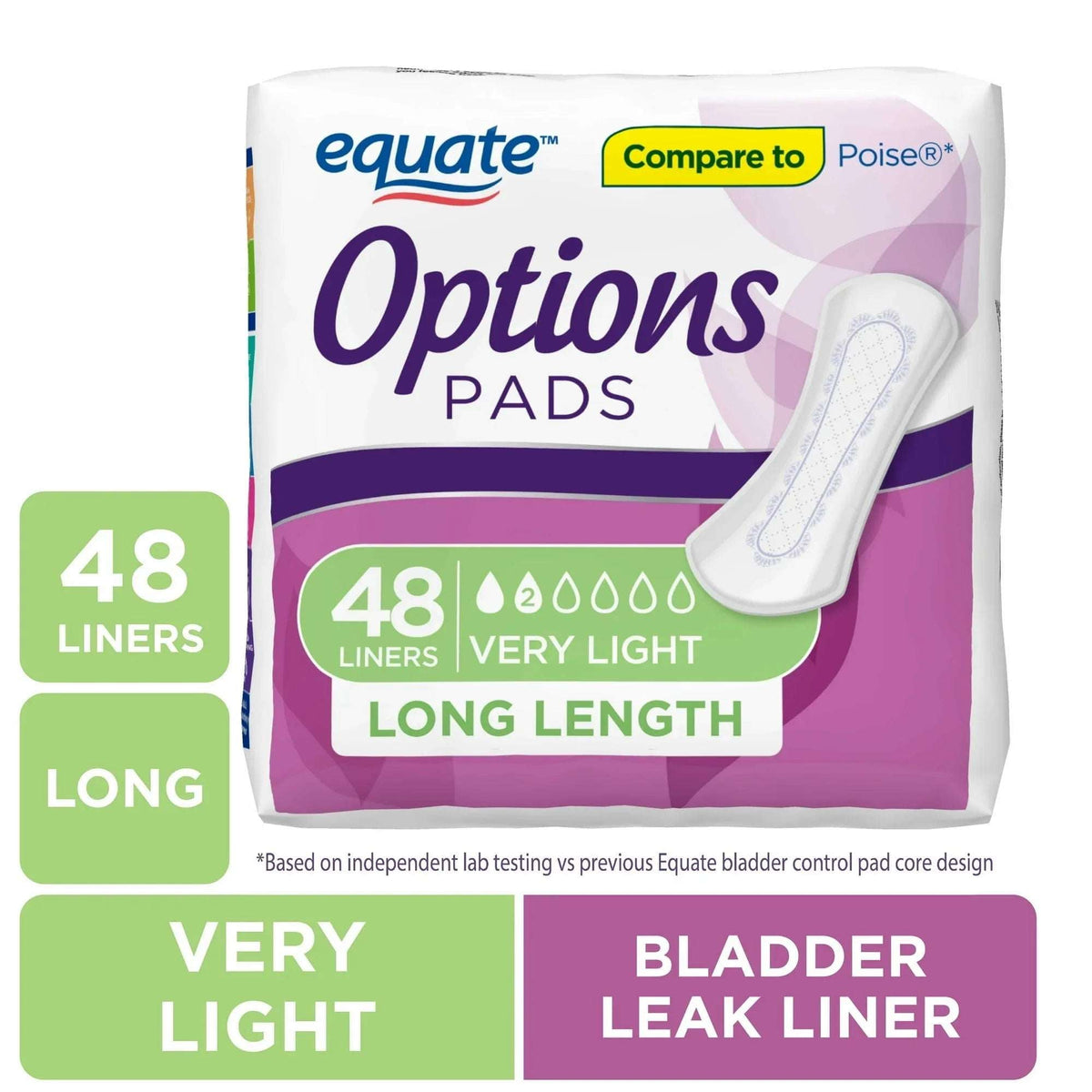 Equate Options Women's Incontinence Pads, Very Light Absorbency, Long Lengthy, Size 2, 48 Count