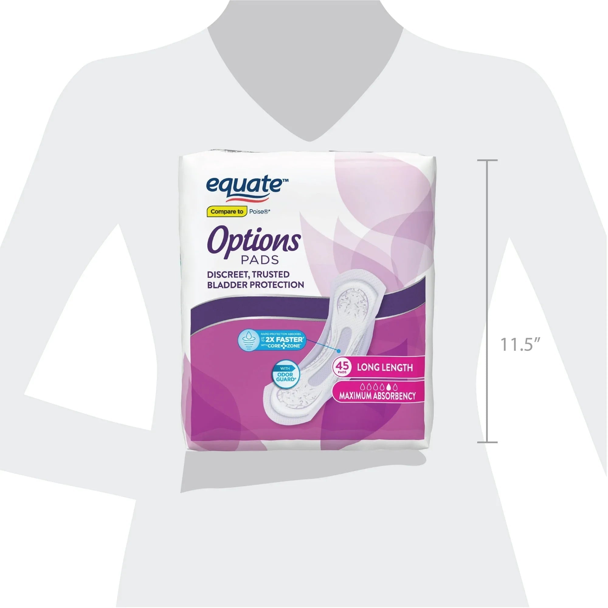 Equate Options Women's Incontinence Pads, Maximum Absorbency, Long Length (45 Count), Compare to Poise