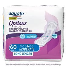Equate Options incontinence pad package, 60 pads, long length moderate absorbency