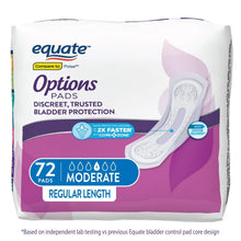 Equate Options incontinence pads, 72-count, regular length, moderate absorbency