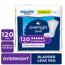 Overnight incontinence pads, 120 count box front with blue packaging