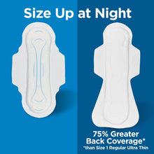 Overnight maxi pad front and back views, size up for extra back coverage