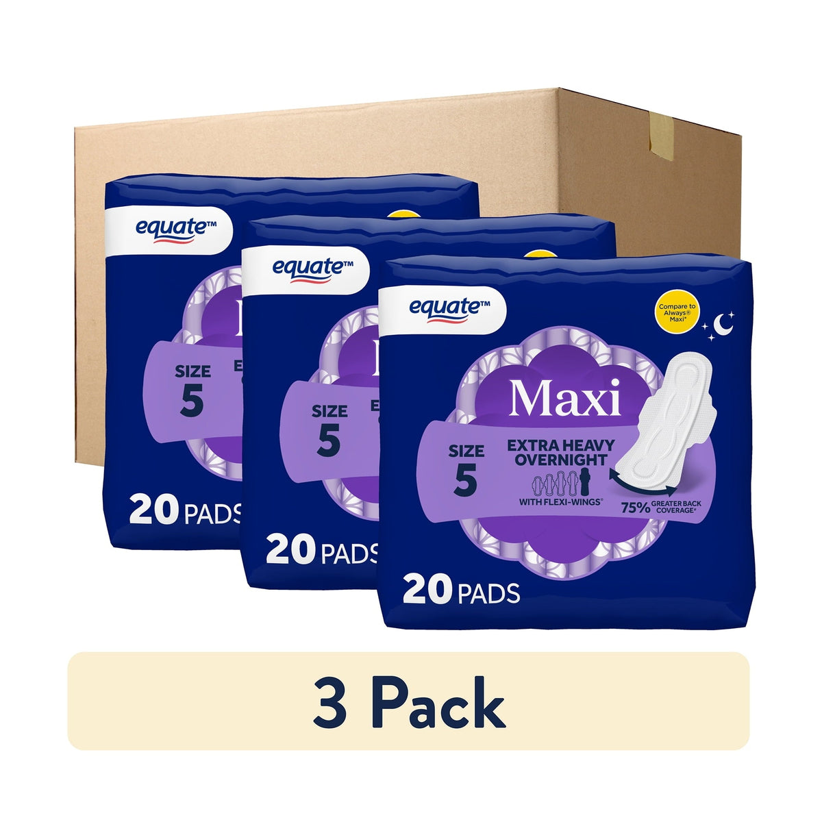 Equate Overnight Maxi Pads with Flexi-Wings, Extra Heavy Overnight Absorbency, Size 5, 60 Count  (PACK OF 3 )