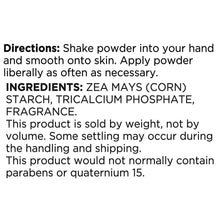Directions and ingredients text panel: shake powder; corn starch; fragrance