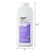 Baby powder bottle with lavender purple label, size 3 in wide x 8.5 in tall