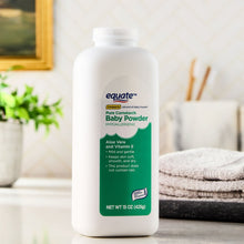 Equate baby powder bottle back label with aloe and vitamin E