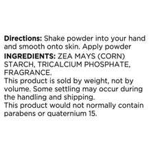 Directions and ingredient text on baby powder label