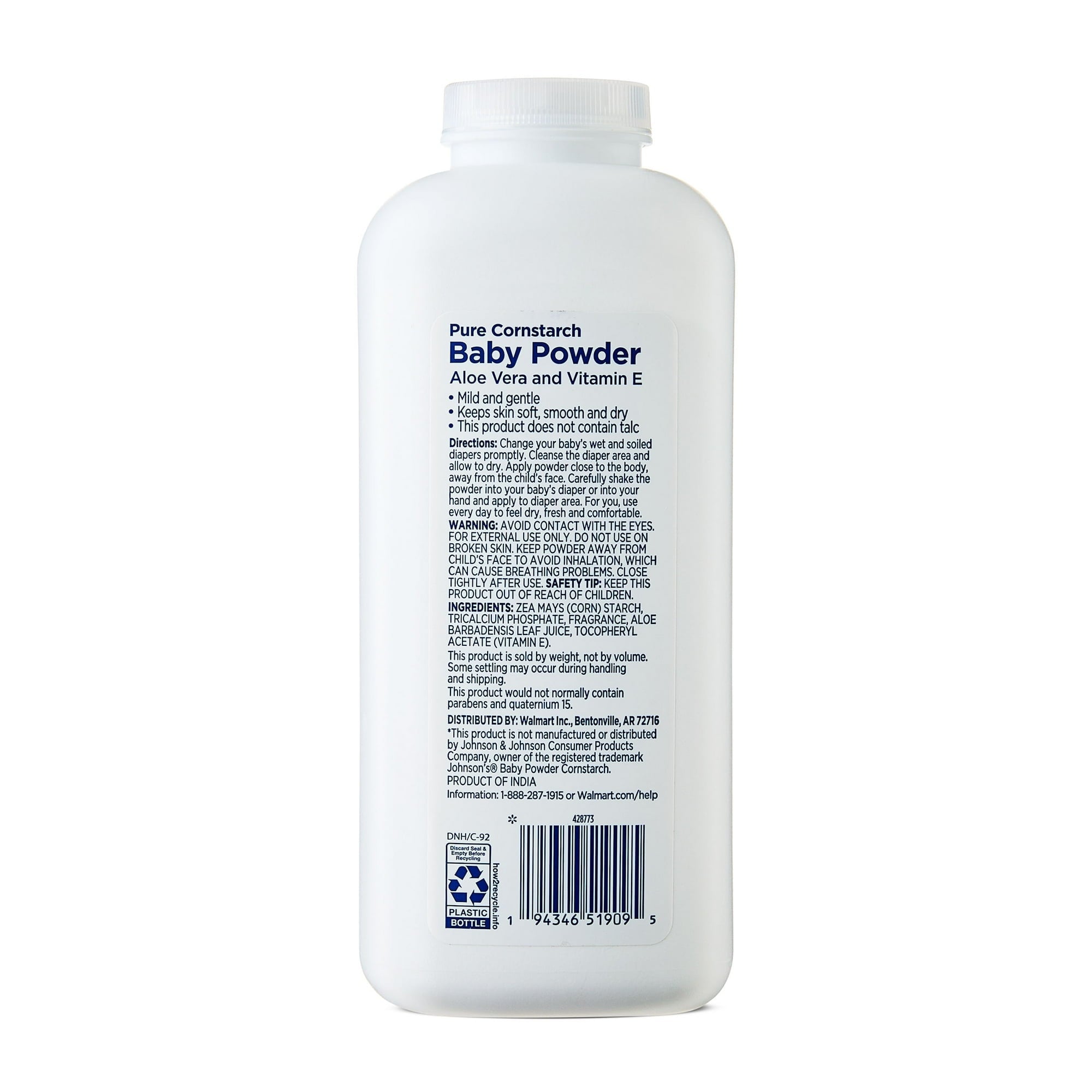 Equate Pure Cornstarch Baby Powder with Aloe and Vitamin E, 15 oz