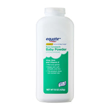 Equate baby powder bottle with green aloe-vitamin E label