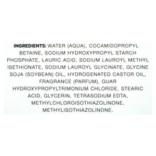 Body wash ingredients panel text on the back of the bottle