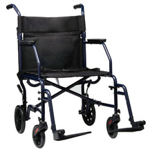 Black folding transport wheelchair with padded seat and armrests, front casters and wheels