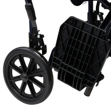 Wheelchair rear caster wheel and black frame with mesh storage panel