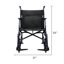 Black folding wheelchair front view with padded backrest, arm supports, and footrests
